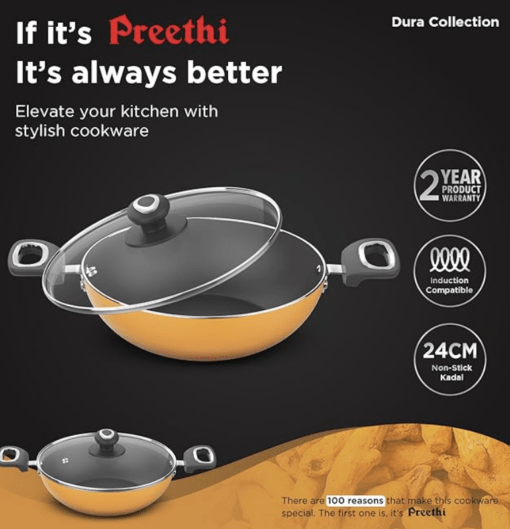 ‎Preethi Dura Collection Non Stick Kadai, 26 cm, with Glass Lid, Gas & Induction Compatible, 5 Star Non Stick Effect, Turmeric Yellow - Image 2